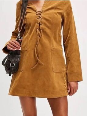 Free People Bradley Lace-Up Suede Mini Dress in Caramel